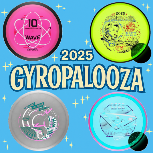 Gyroplaooza 2025 Banner Image with the four exclusive Discs Pyro, Wave, Particle and Echo
