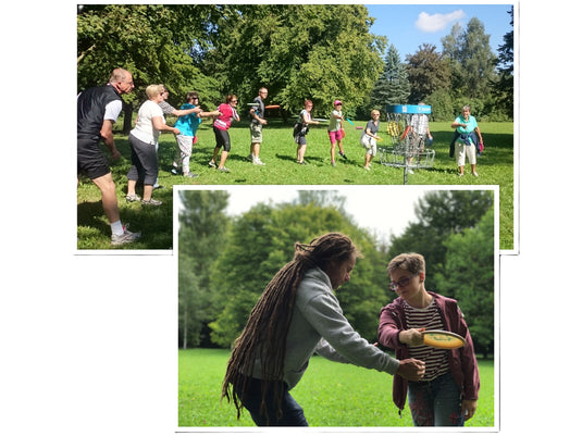 DiscGolf Gruppe bei einem DiscGolf Workshop vom zweifachen DiscGolf Amateur Weltmeister Michael Kobella